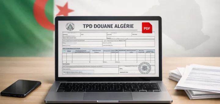 Formulaire TPD Douane Algérie en PDF affiché sur un ordinateur, image officielle pour démarches douanières en ligne.