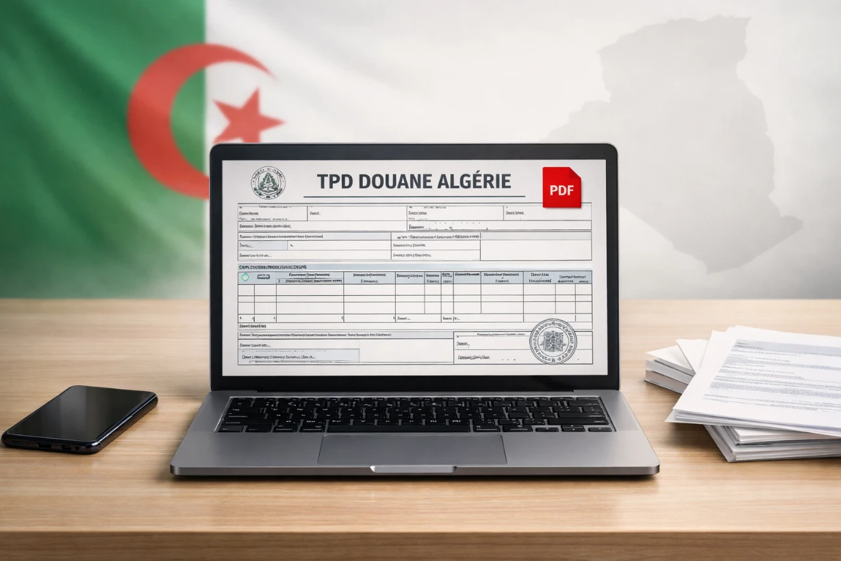 Formulaire TPD Douane Algérie en PDF affiché sur un ordinateur, image officielle pour démarches douanières en ligne.