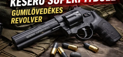 Revolver Keserű Superpitbull à balles en caoutchouc posé sur fond sombre, vue détaillée.