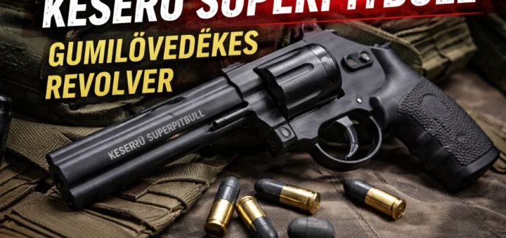 Revolver Keserű Superpitbull à balles en caoutchouc posé sur fond sombre, vue détaillée.