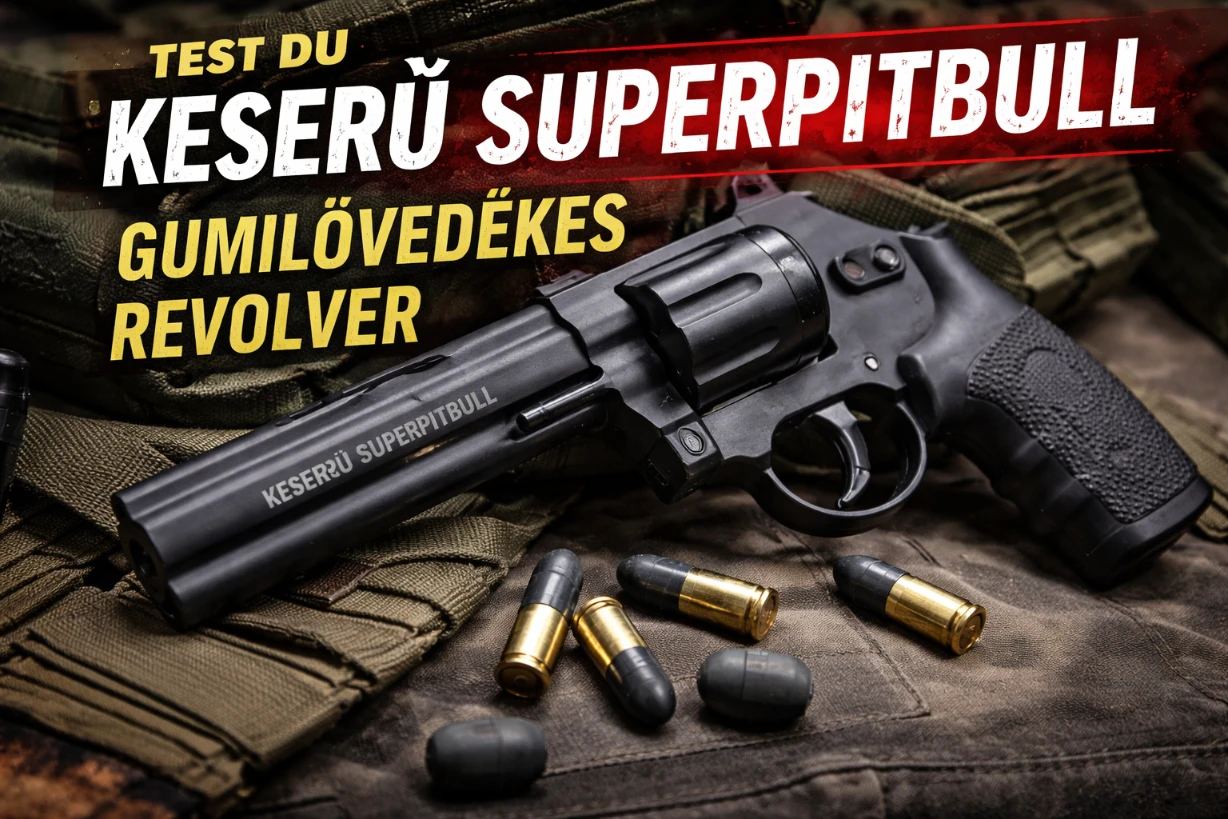 Revolver Keserű Superpitbull à balles en caoutchouc posé sur fond sombre, vue détaillée.