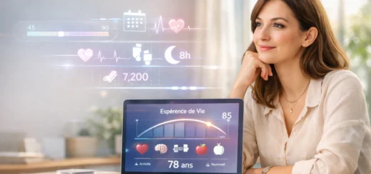 Jeune femme utilise un simulateur d’espérance de vie sur ordinateur portable lumineux moderne.