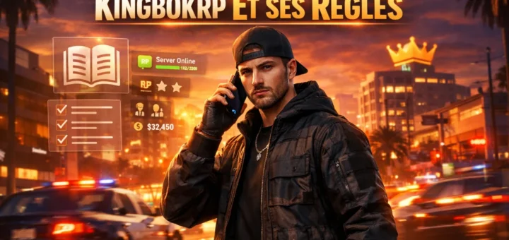Personnage RP en ville au coucher du soleil avec interface règles et logo Kingbokrp visible.