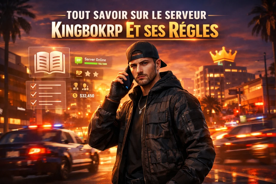 Personnage RP en ville au coucher du soleil avec interface règles et logo Kingbokrp visible.