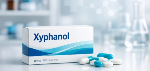 Boîte de Xyphanol et comprimés sur surface blanche, fond de laboratoire flou et lumineux.