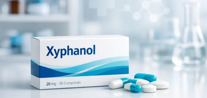 Boîte de Xyphanol et comprimés sur surface blanche, fond de laboratoire flou et lumineux.