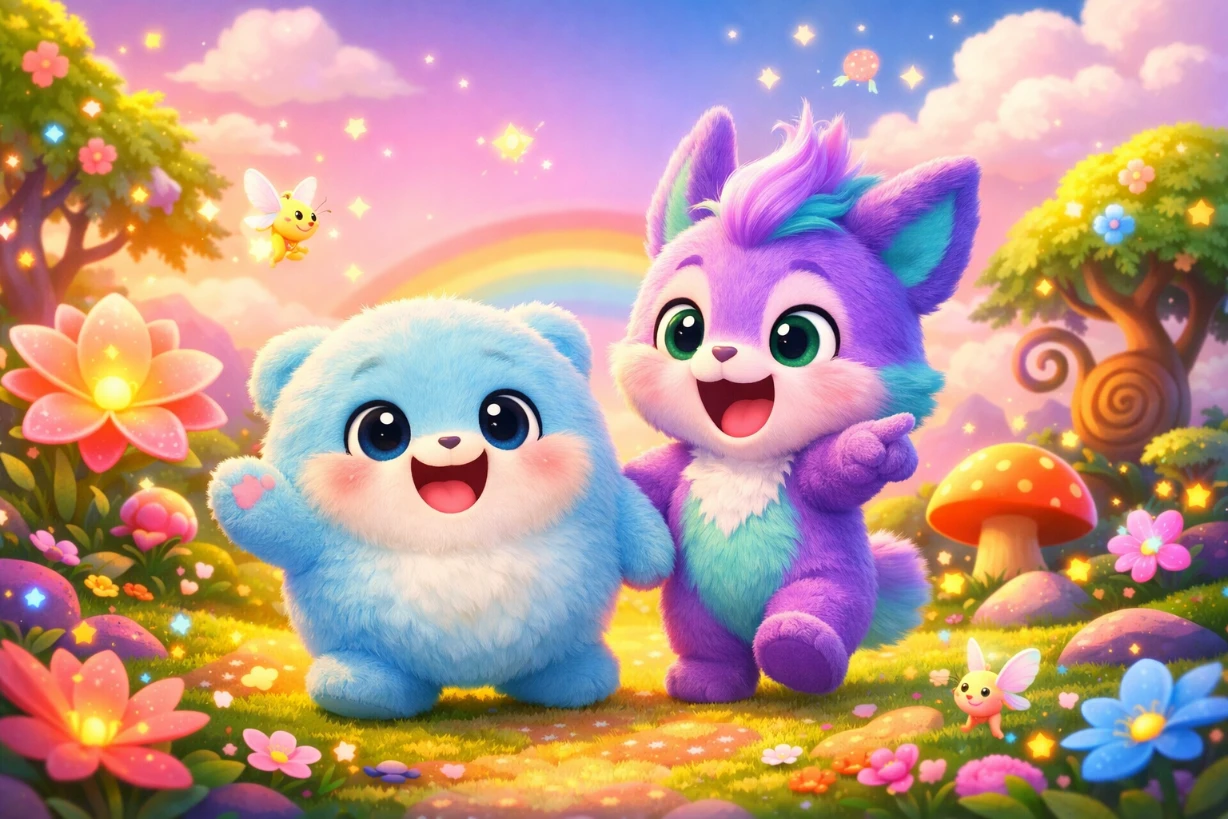 Bouli et Bangumi rient dans un monde magique coloré rempli de fleurs, étoiles et arc-en-ciel.