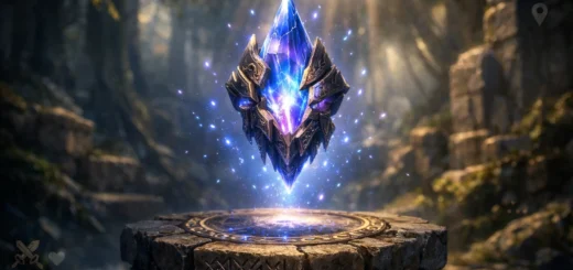 Artefact magique Trukipik flottant au-dessus d’un piédestal dans un décor fantasy mystique.