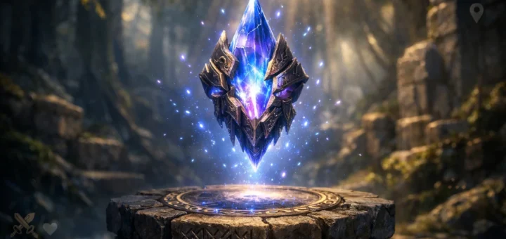 Artefact magique Trukipik flottant au-dessus d’un piédestal dans un décor fantasy mystique.