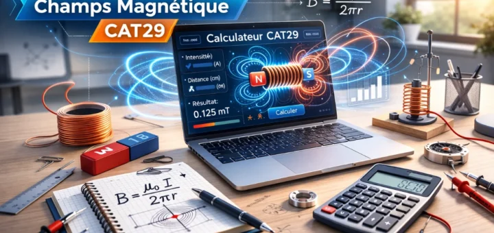 Bureau moderne avec calculateur CAT29 affichant des lignes de champ magnétique dynamiques.