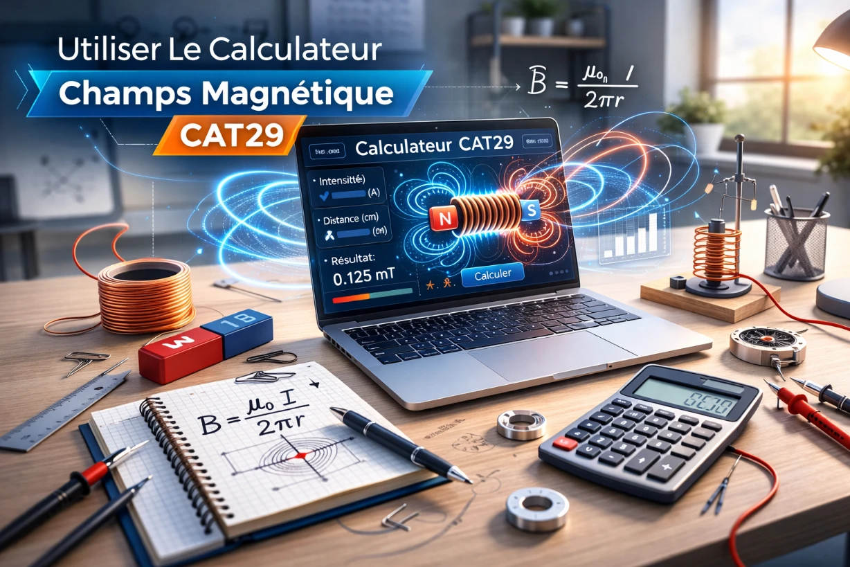 Bureau moderne avec calculateur CAT29 affichant des lignes de champ magnétique dynamiques.