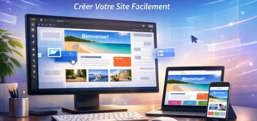 Bureau moderne avec écran affichant un éditeur web et aperçu responsive sur tablette et mobile.