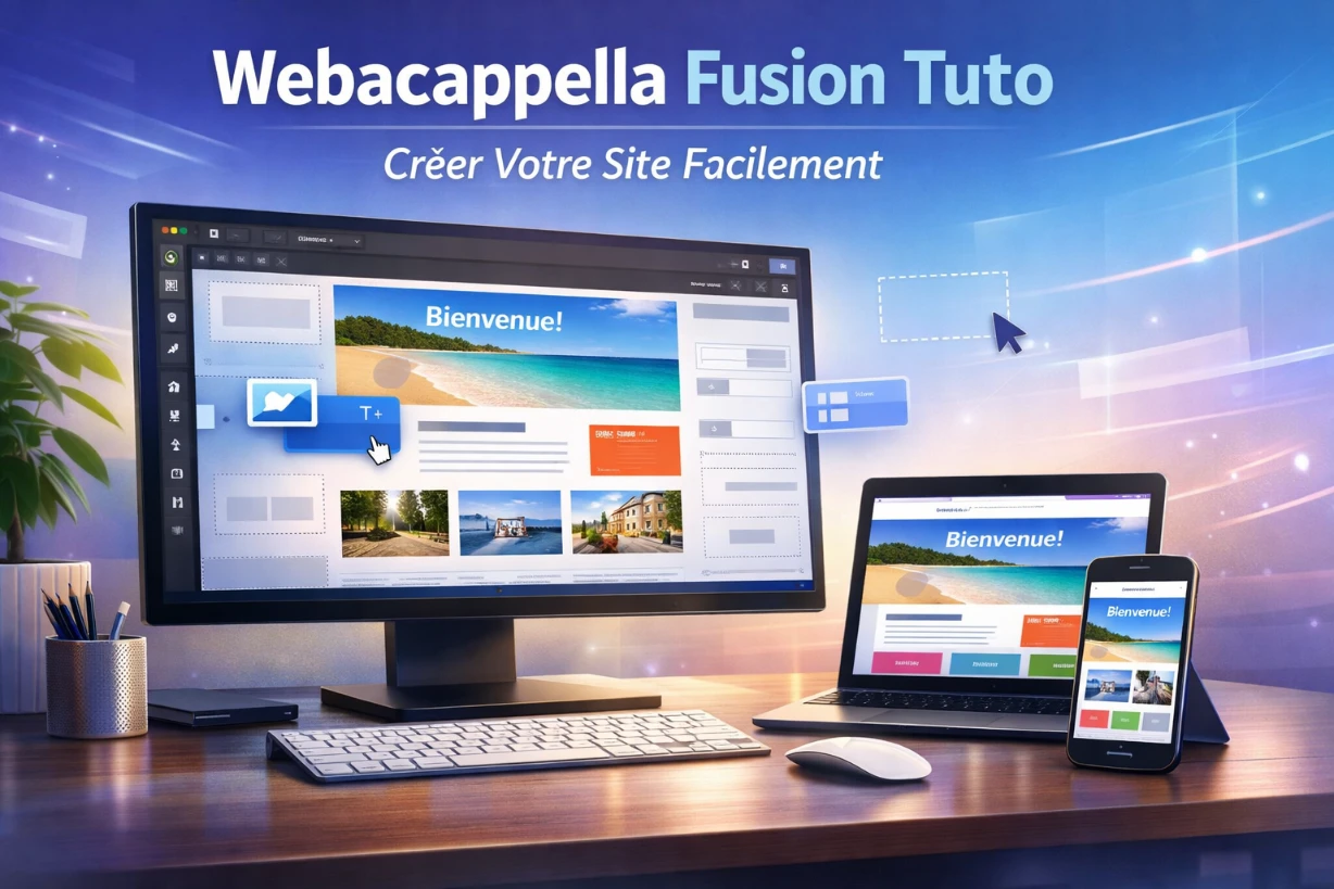 Bureau moderne avec écran affichant un éditeur web et aperçu responsive sur tablette et mobile.
