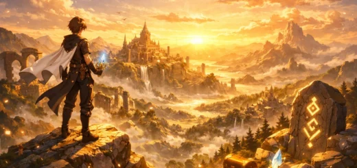 Aventurier au sommet d’une montagne dorée contemplant un monde magique et des ruines anciennes mystérieuses.