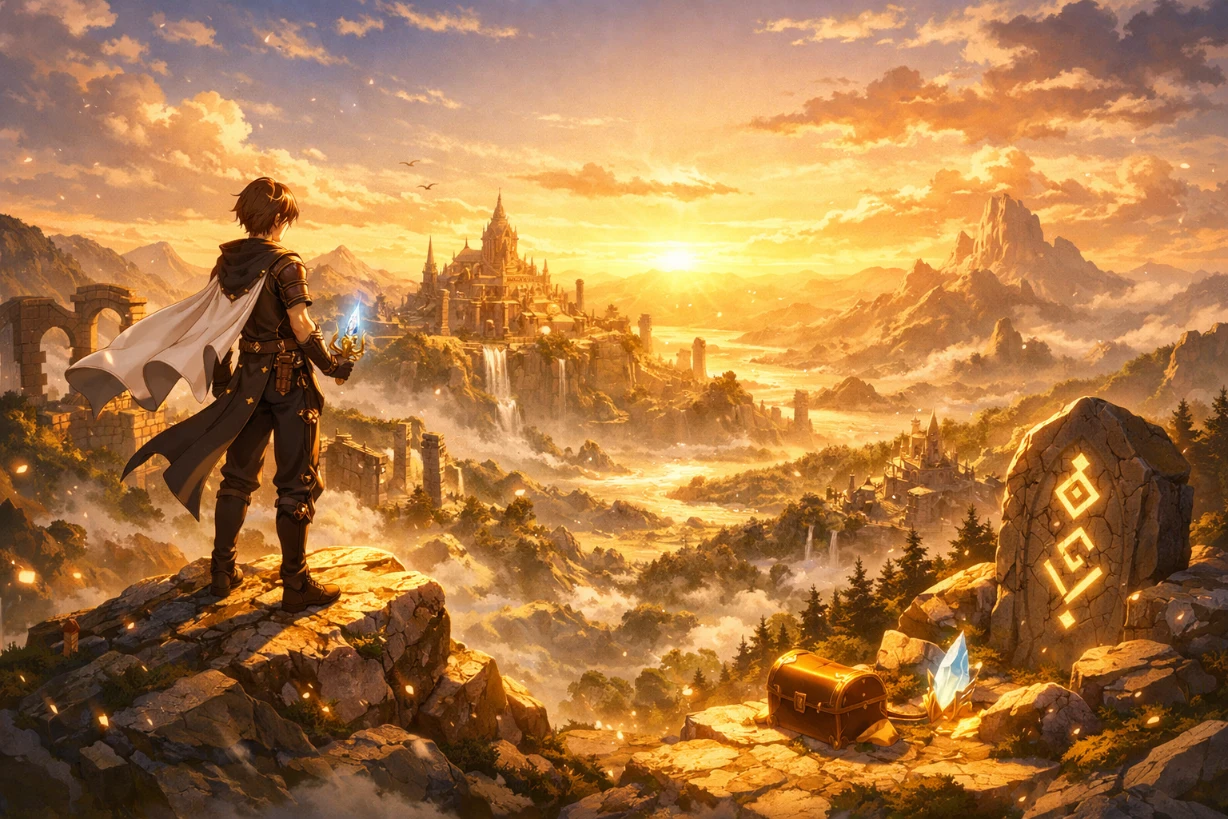 Aventurier au sommet d’une montagne dorée contemplant un monde magique et des ruines anciennes mystérieuses.