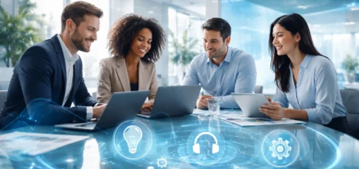 Équipe professionnelle collaborant dans un bureau moderne avec écrans et outils numériques innovant.