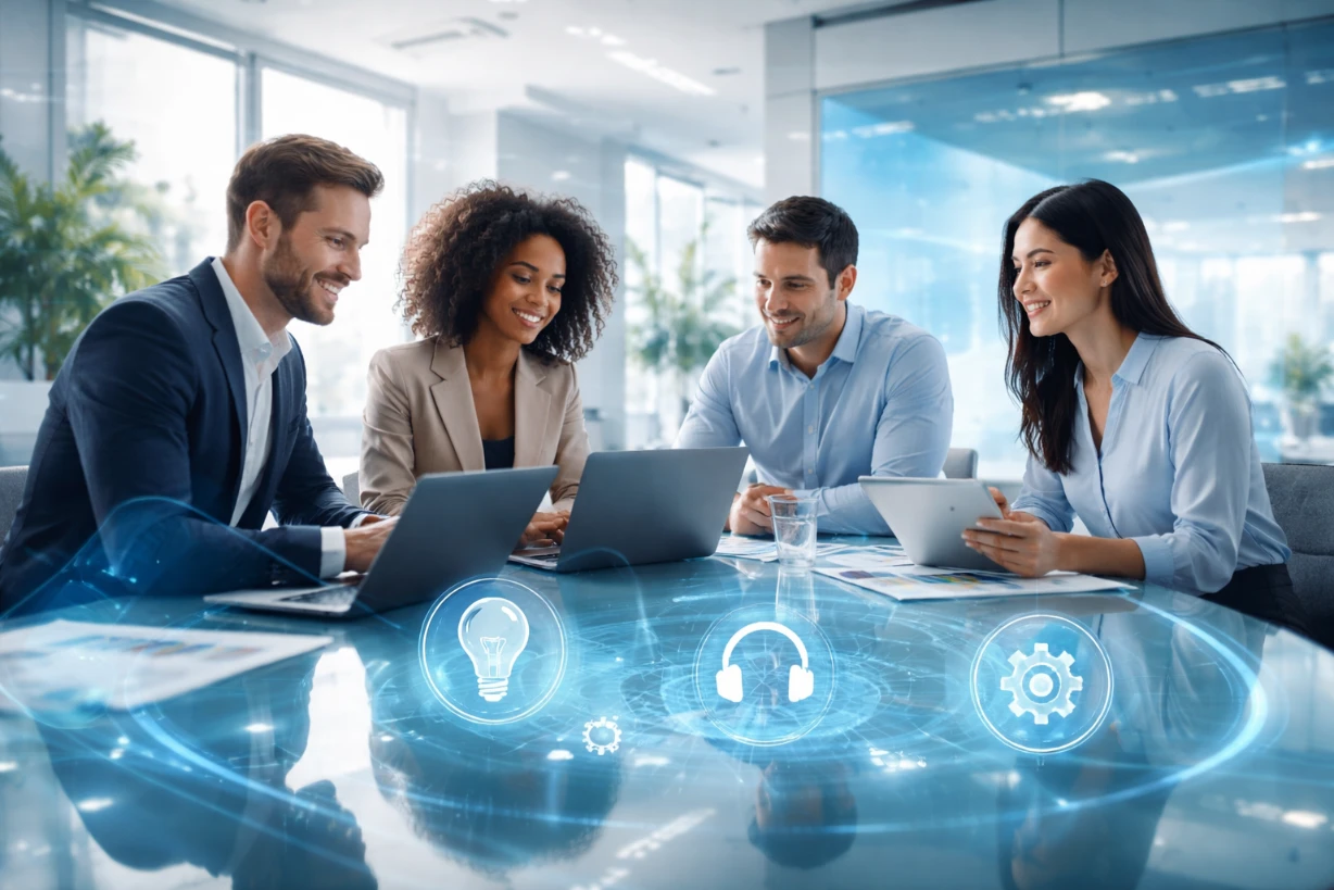 Équipe professionnelle collaborant dans un bureau moderne avec écrans et outils numériques innovant.