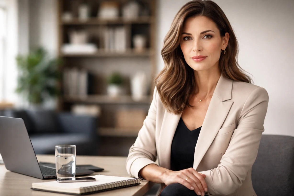 Portrait professionnel d’une femme élégante en blazer dans un bureau moderne, regard confiant calme.