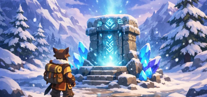 Un aventurier face à un autel magique enneigé entouré de cristaux lumineux en montagne mystique bleu.