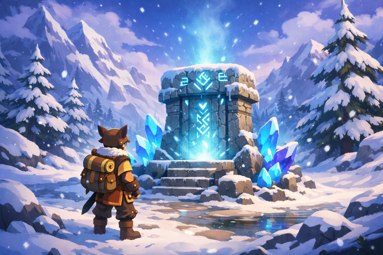 Un aventurier face à un autel magique enneigé entouré de cristaux lumineux en montagne mystique bleu.