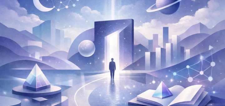 Homme contemplant un portail lumineux dans un paysage futuriste abstrait aux couleurs bleu et violet.