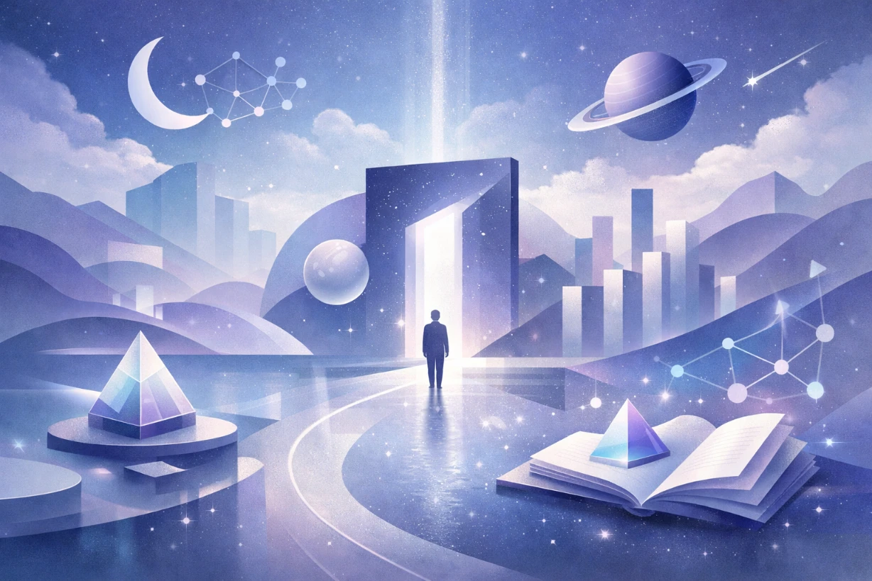 Homme contemplant un portail lumineux dans un paysage futuriste abstrait aux couleurs bleu et violet.