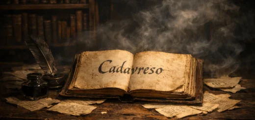 Manuscrit ancien ouvert avec le mot Cadavreso, plume, encrier et ambiance sombre de bibliothèque ancienne.
