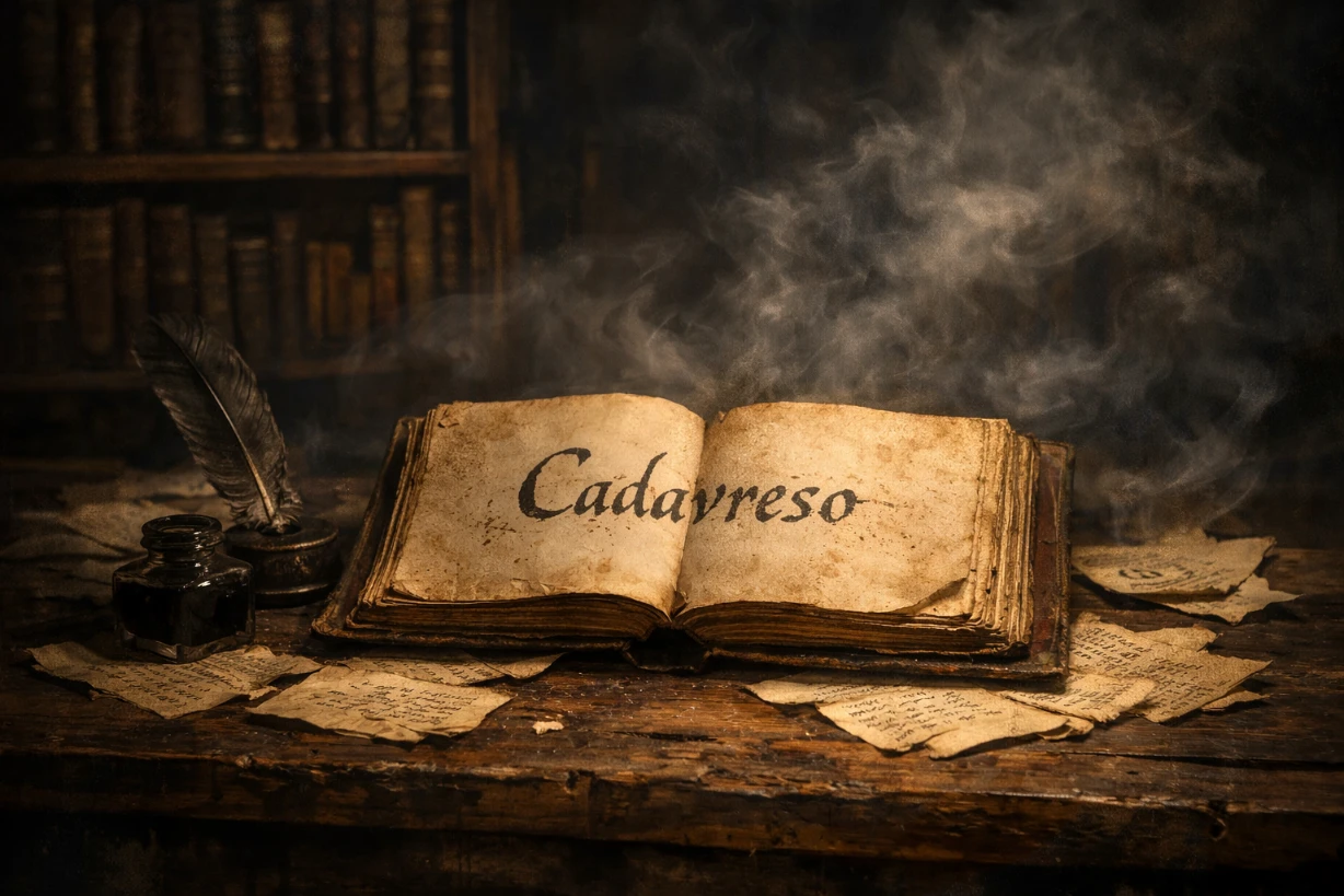 Manuscrit ancien ouvert avec le mot Cadavreso, plume, encrier et ambiance sombre de bibliothèque ancienne.