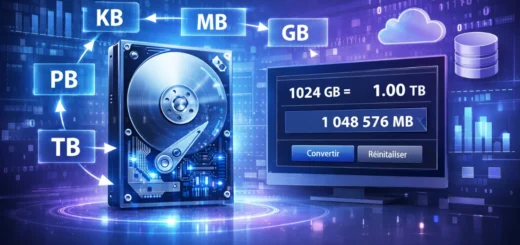 Illustration d’un disque dur avec interface de conversion affichant KB, MB, GB et TB dans un environnement numérique futuriste.