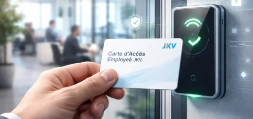 Carte d’accès employé utilisée sur lecteur sécurisé dans un bureau moderne et connecté.
