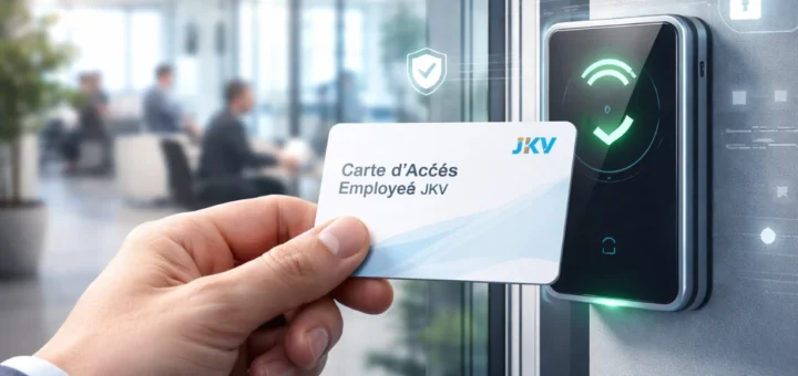 Carte d’accès employé utilisée sur lecteur sécurisé dans un bureau moderne et connecté.