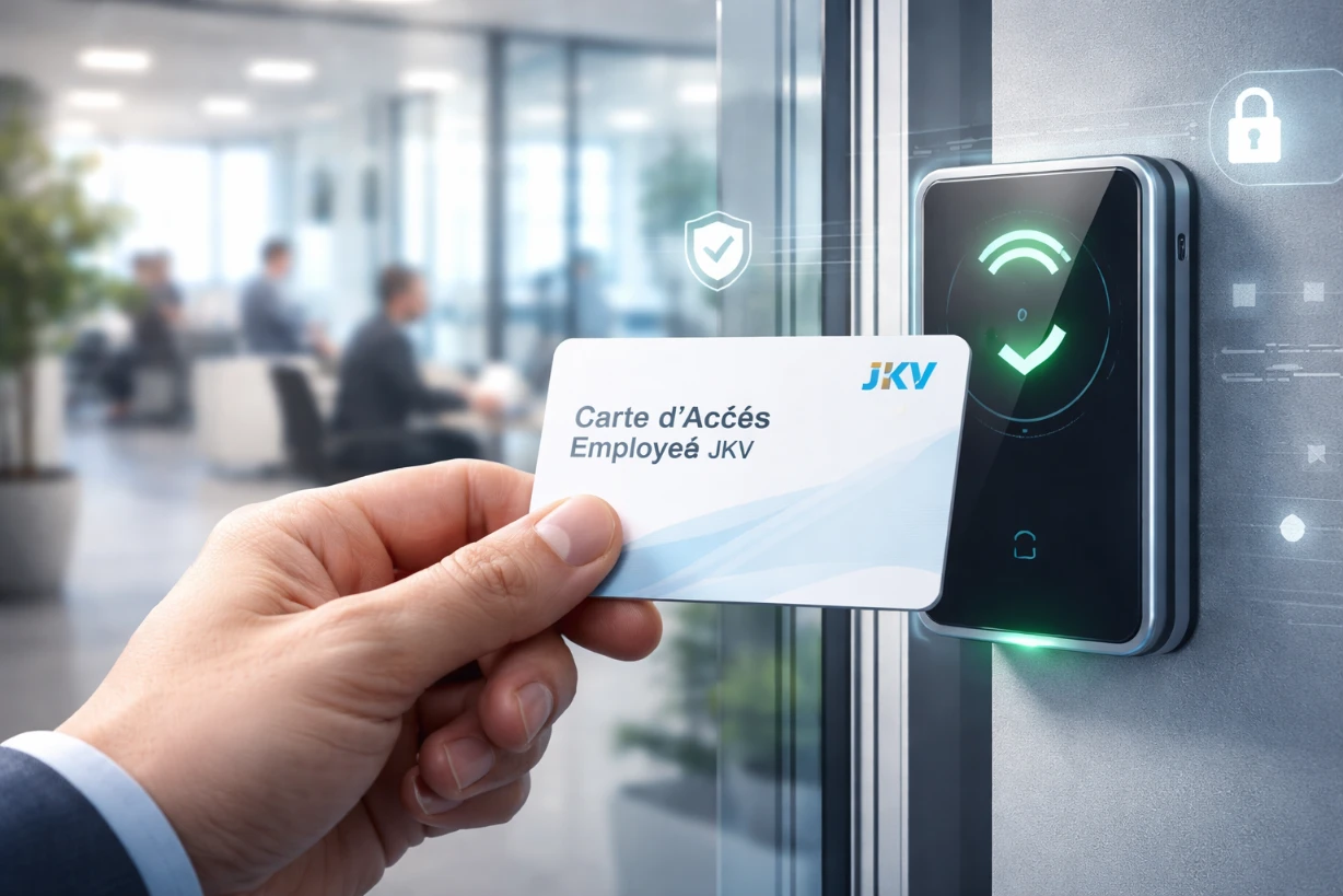 Carte d’accès employé utilisée sur lecteur sécurisé dans un bureau moderne et connecté.