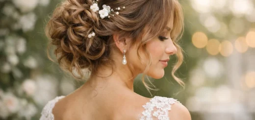 Mariée élégante avec chignon bouclé lâché, mèches ondulées et accessoires délicats, ambiance romantique.