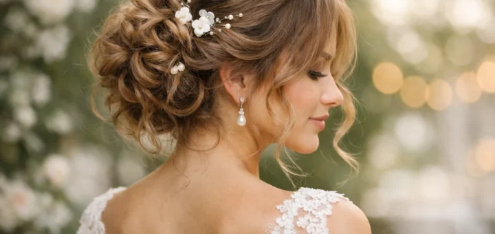 Mariée élégante avec chignon bouclé lâché, mèches ondulées et accessoires délicats, ambiance romantique.