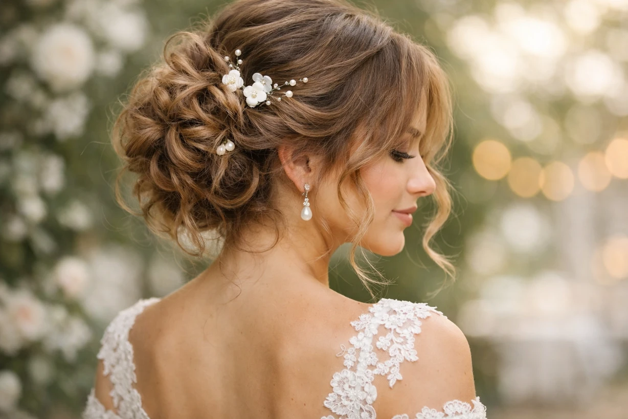 Mariée élégante avec chignon bouclé lâché, mèches ondulées et accessoires délicats, ambiance romantique.