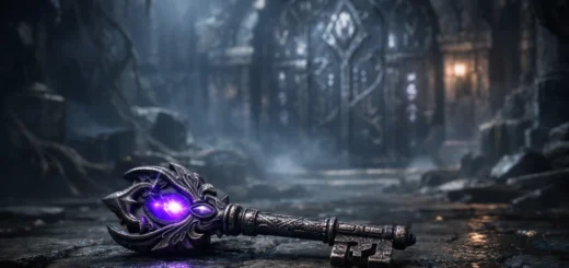 Clé ancienne lumineuse posée au sol devant une porte scellée dans un temple sombre et mystérieux.