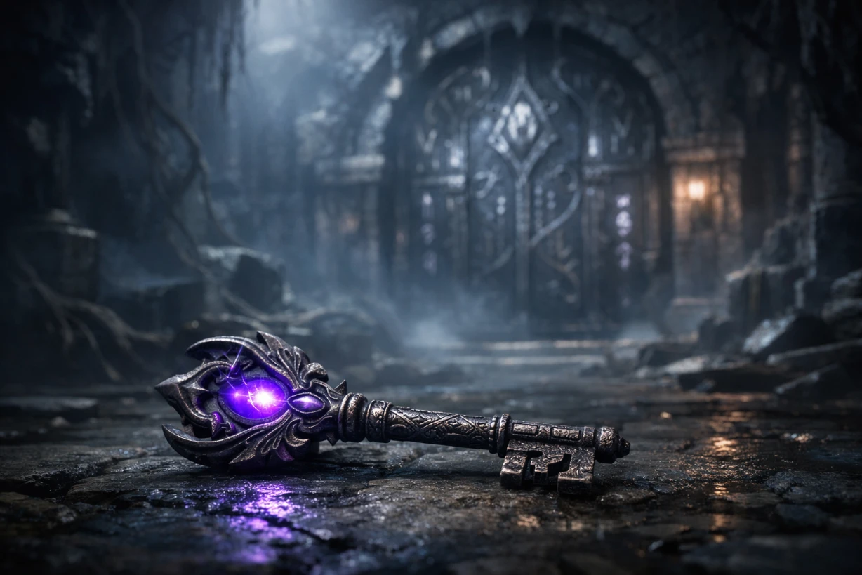 Clé ancienne lumineuse posée au sol devant une porte scellée dans un temple sombre et mystérieux.