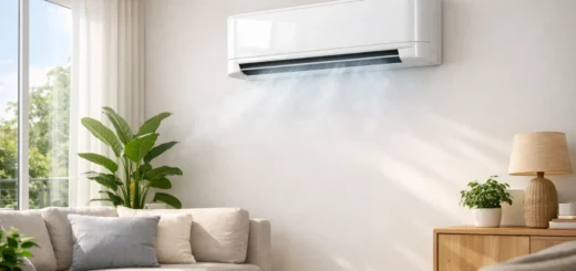 Climatiseur mural sans unité extérieure dans un salon lumineux, diffusant une fraîcheur douce.