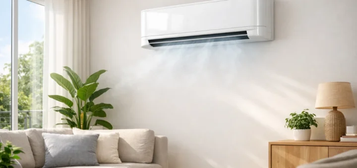 Climatiseur mural sans unité extérieure dans un salon lumineux, diffusant une fraîcheur douce.