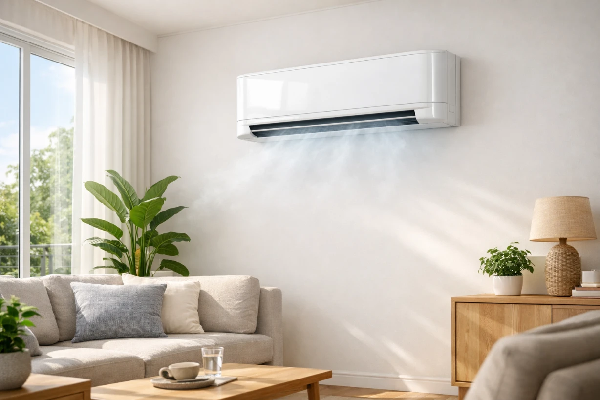 Climatiseur mural sans unité extérieure dans un salon lumineux, diffusant une fraîcheur douce.