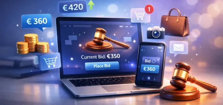 Illustration d’une plateforme d’enchères en ligne sur laptop et smartphone avec icônes de mise et marteau.