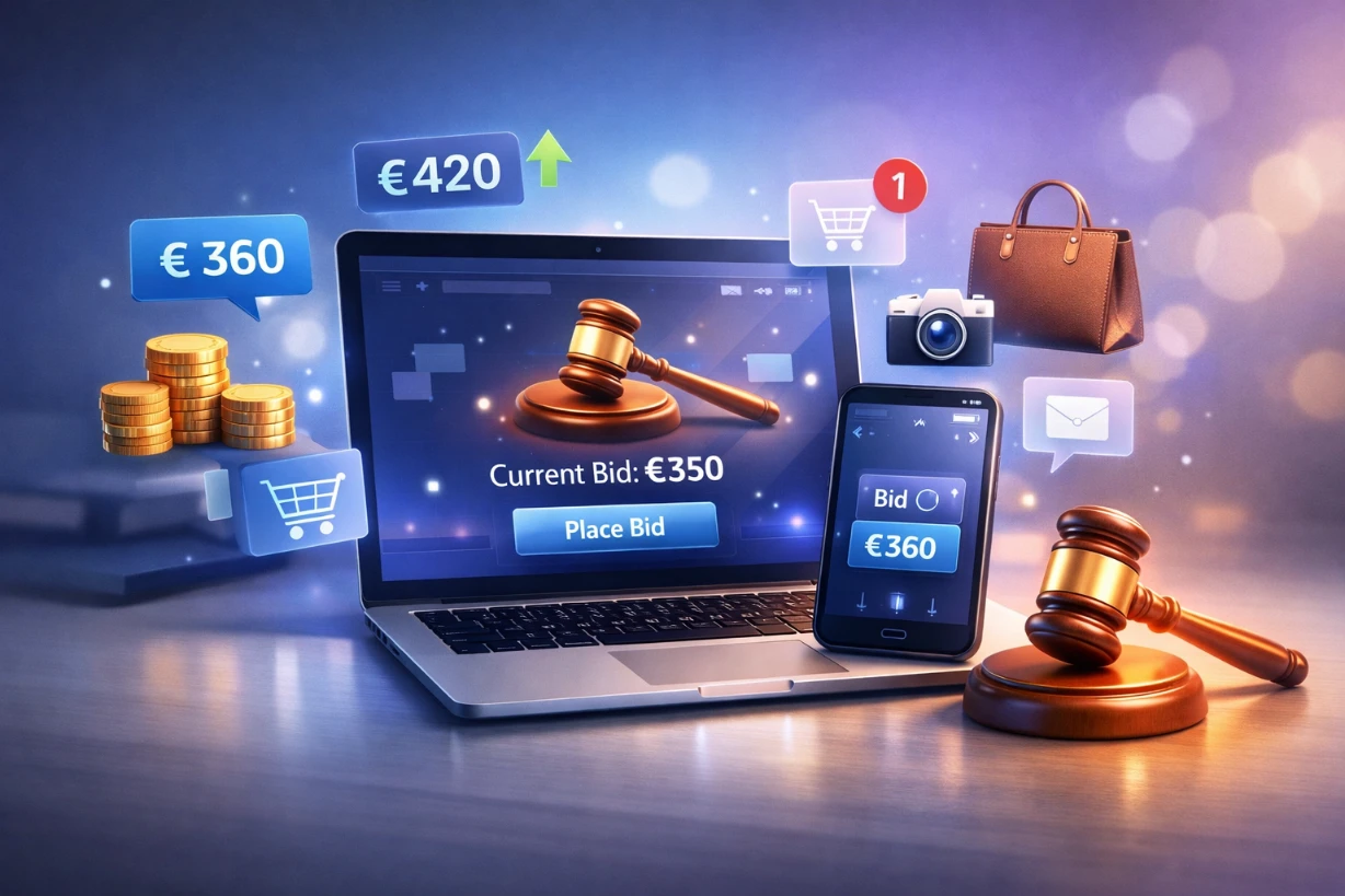 Illustration d’une plateforme d’enchères en ligne sur laptop et smartphone avec icônes de mise et marteau.