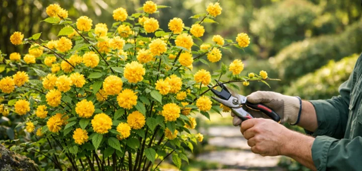 Arbuste corète du Japon en fleurs jaunes, jardinier taillant une branche au printemps dans un jardin verdoyant.