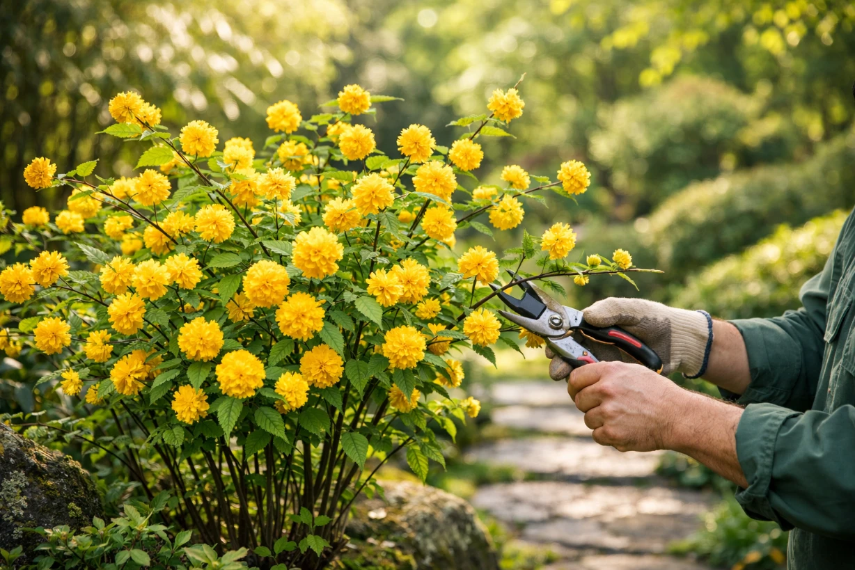 Arbuste corète du Japon en fleurs jaunes, jardinier taillant une branche au printemps dans un jardin verdoyant.