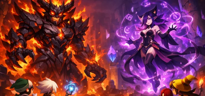 Shushu et Lulu affrontent des aventuriers dans un donjon magique rempli de runes et d’énergie mystique.