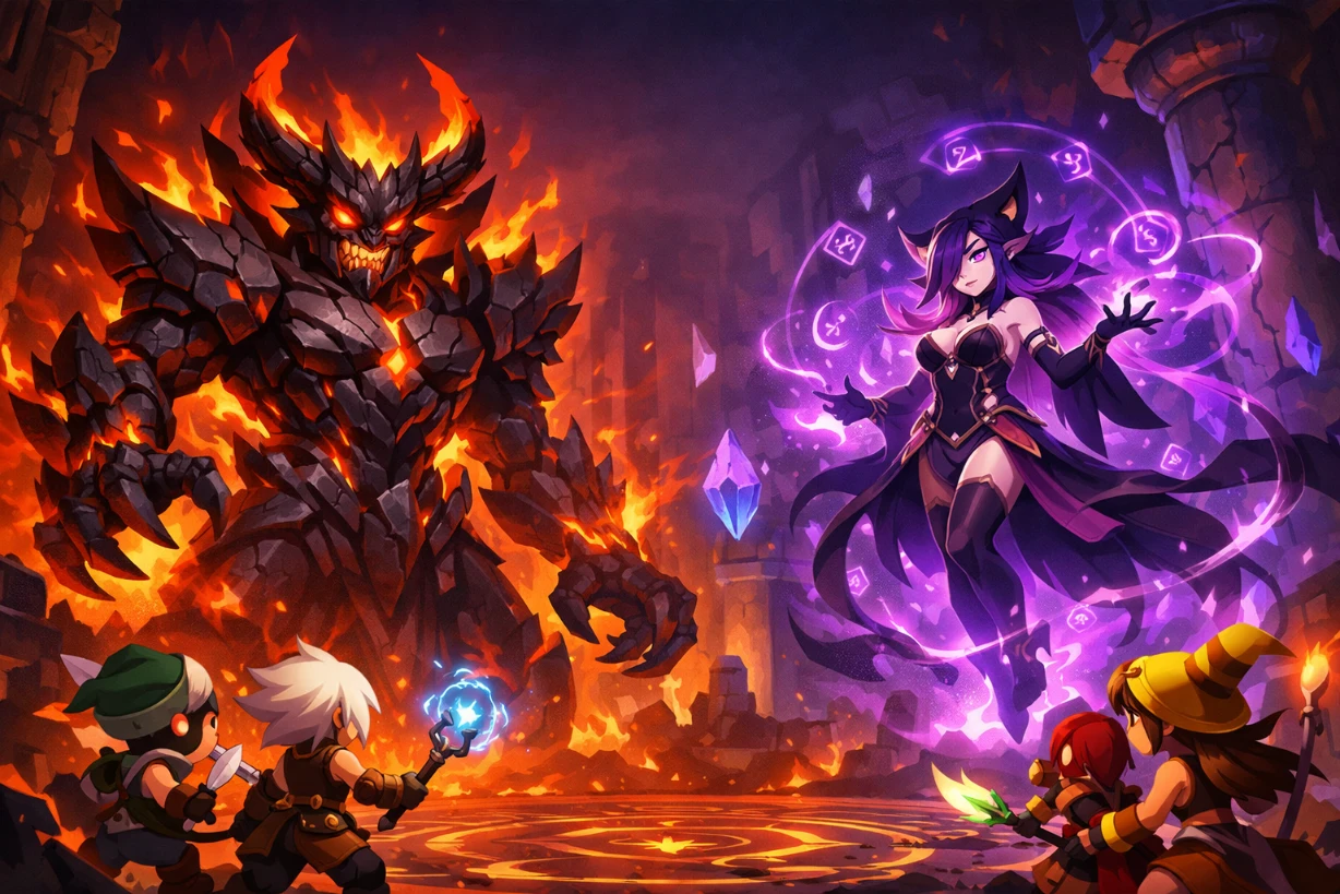 Shushu et Lulu affrontent des aventuriers dans un donjon magique rempli de runes et d’énergie mystique.