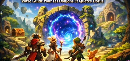 Quatre aventuriers se tiennent devant un portail magique lumineux dans un paysage fantastique coloré.
