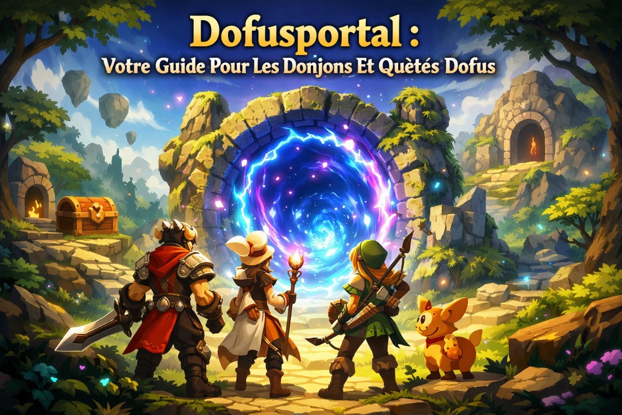 Quatre aventuriers se tiennent devant un portail magique lumineux dans un paysage fantastique coloré.