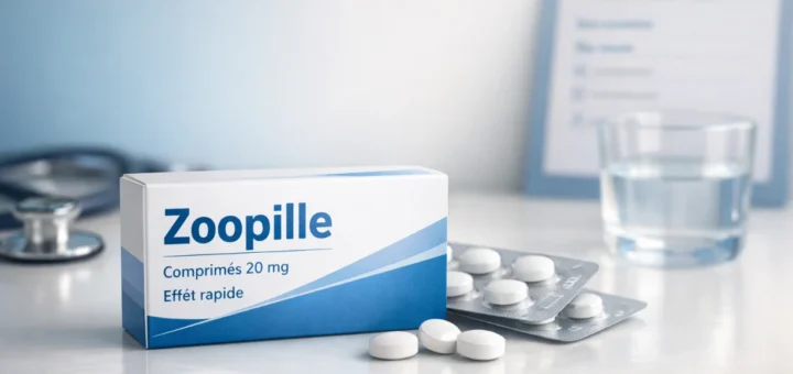 Boîte de Zoopille avec plaquette de comprimés dans un cadre médical clair et professionnel.