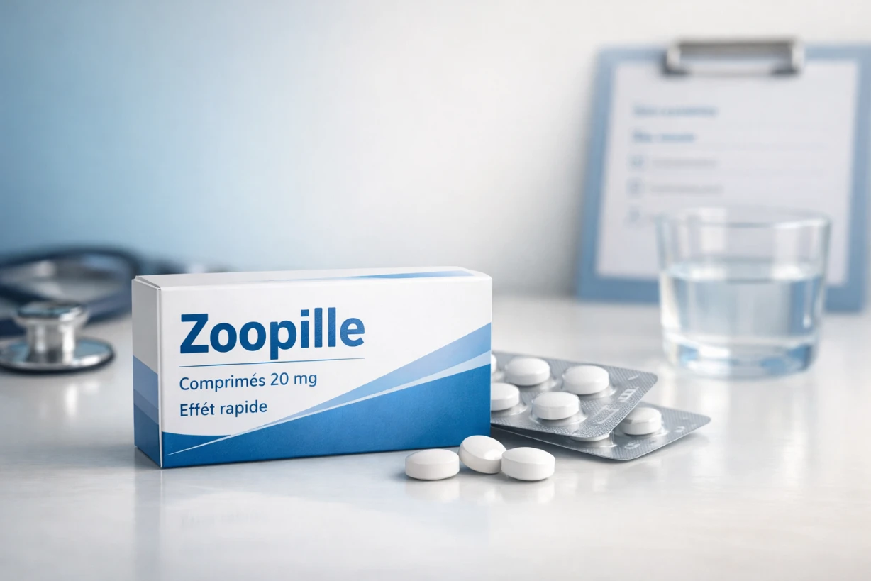 Boîte de Zoopille avec plaquette de comprimés dans un cadre médical clair et professionnel.